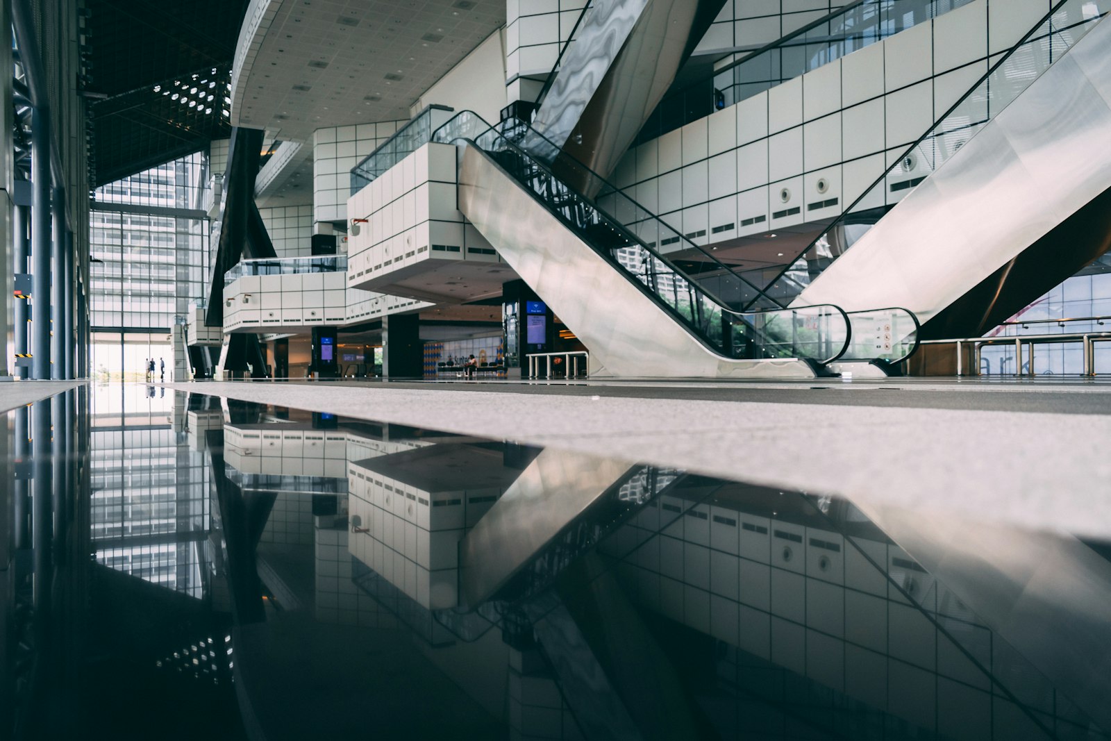 Atrium with escalators and reflective floor