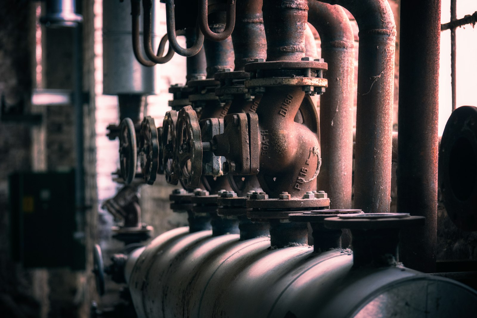 Pipework and valves in a plant room
