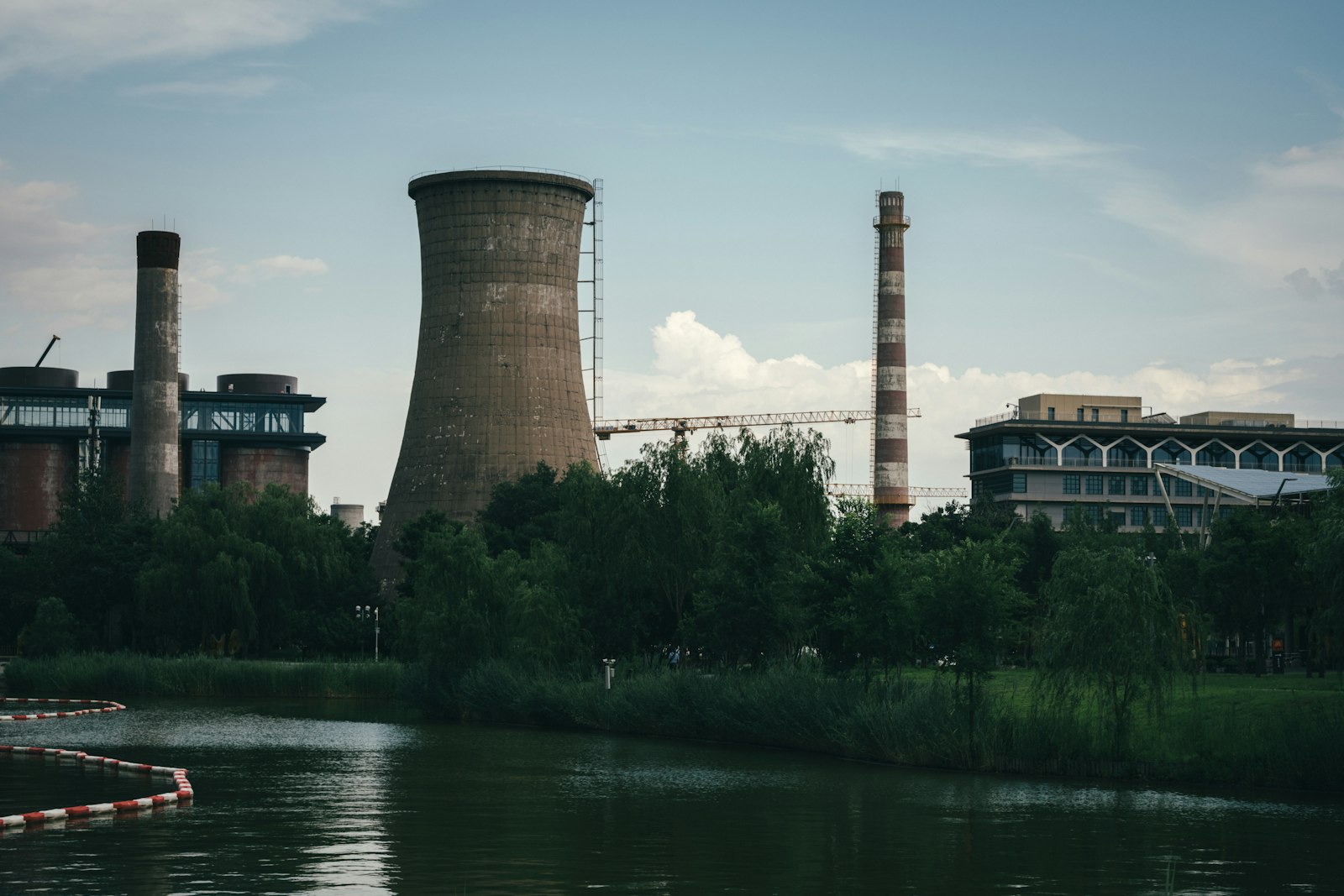 Cooling towers by a river