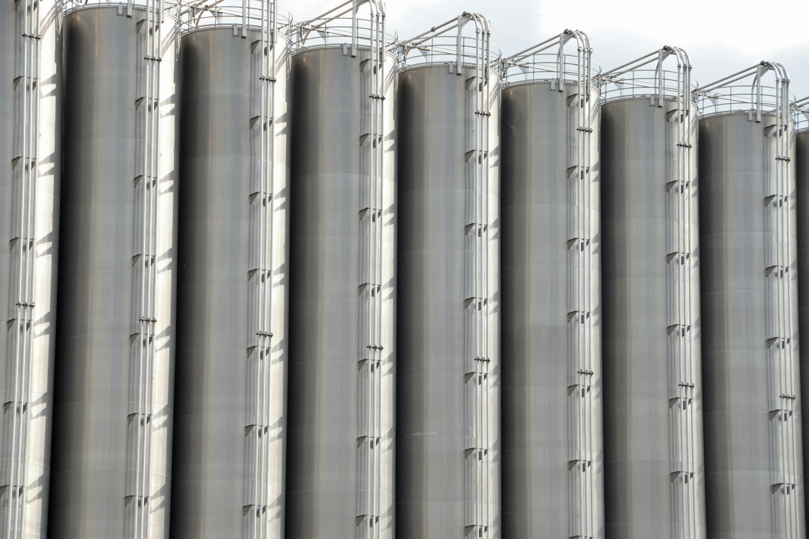 Row of stainless silos