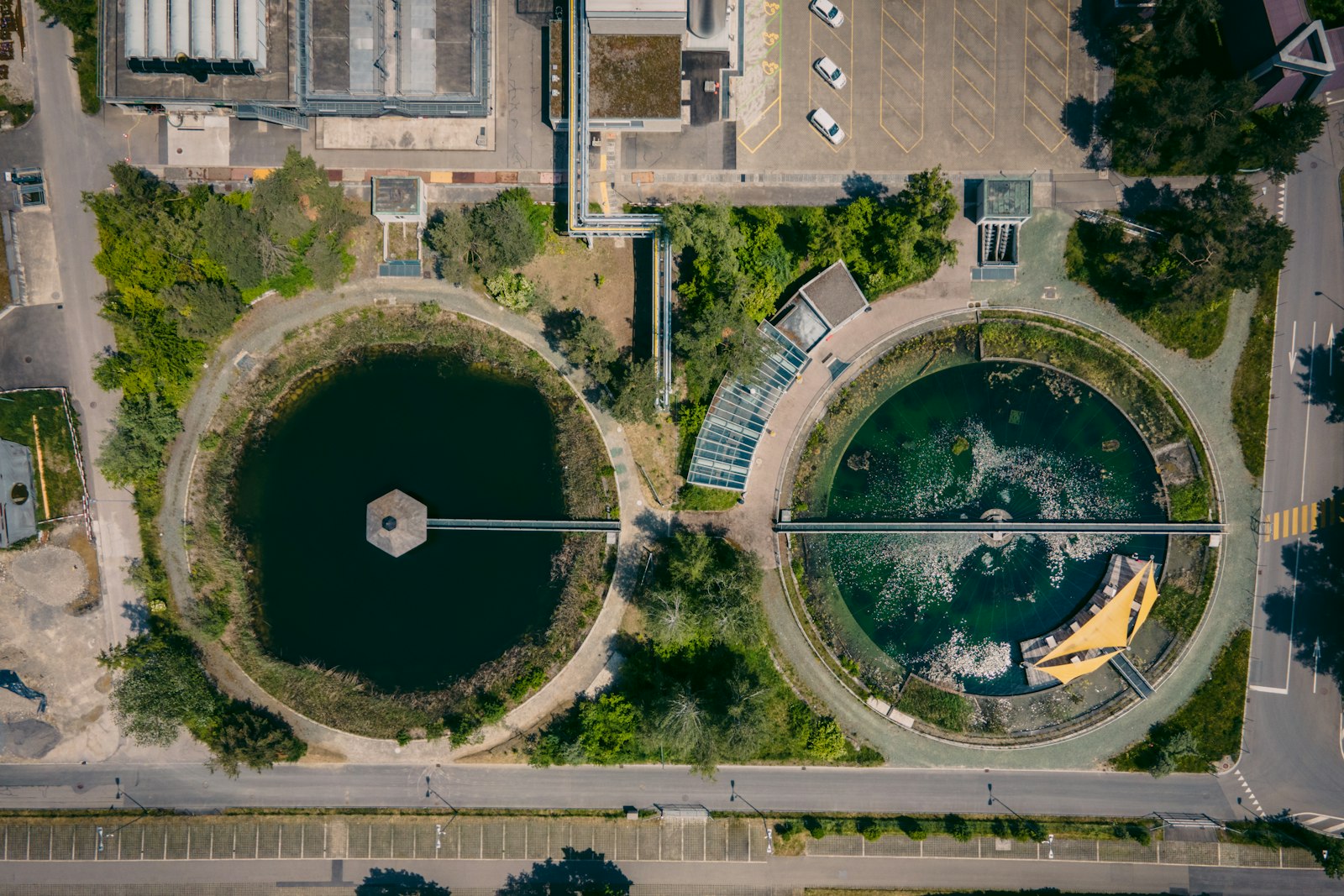 Aerial view of clarifiers at a treatment plant